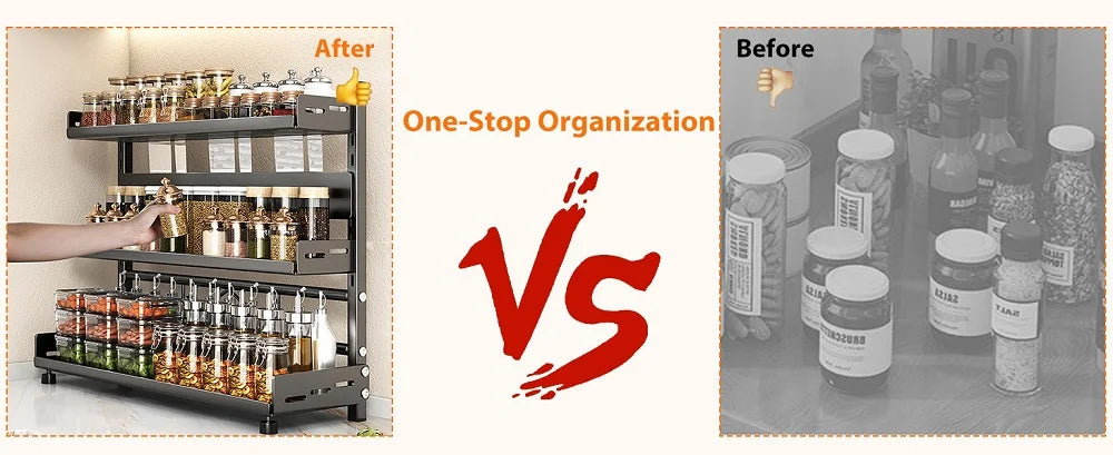 3 Tier Adjustable Spice Rack - Countertop & Cabinet Kitchen Organizer