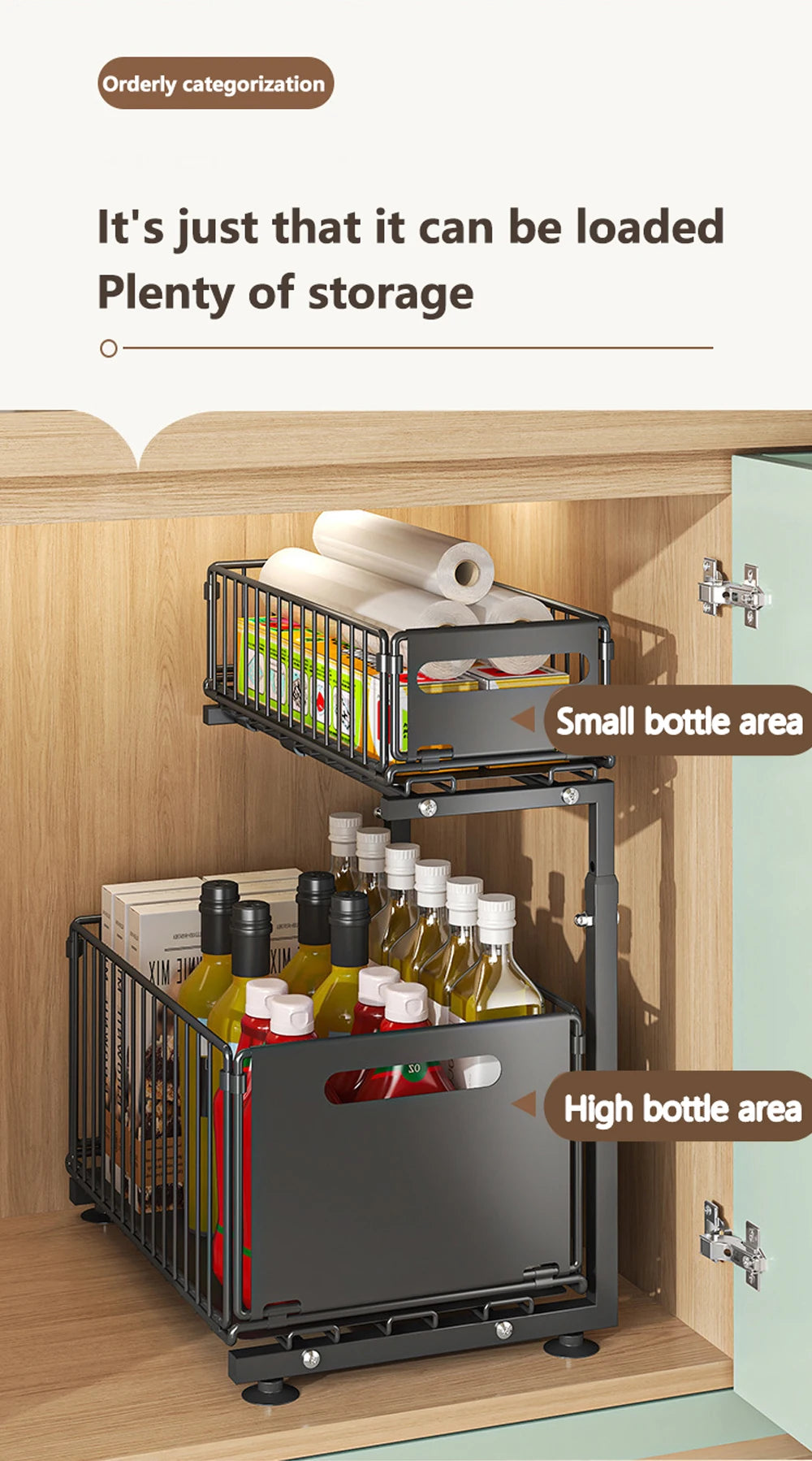 2-Tier Pull-Out Cabinet Organizer - Adjustable Under Sink Storage & Spice Rack