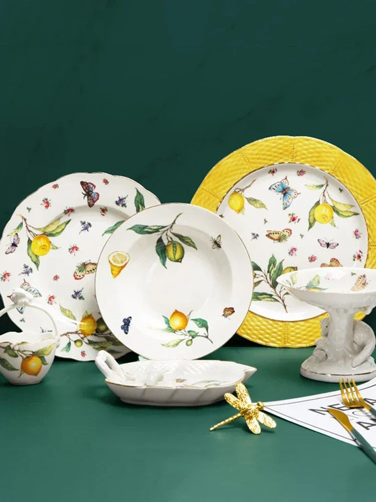 Elegant European Lemon Ceramic Dining Set | Dinner Plates & Coffee Cups
