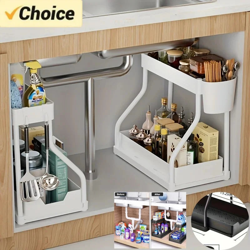Vabena 2-Tier Under Sink Pull-Out Organizer - Space Saving Storage for Kitchen & Bath