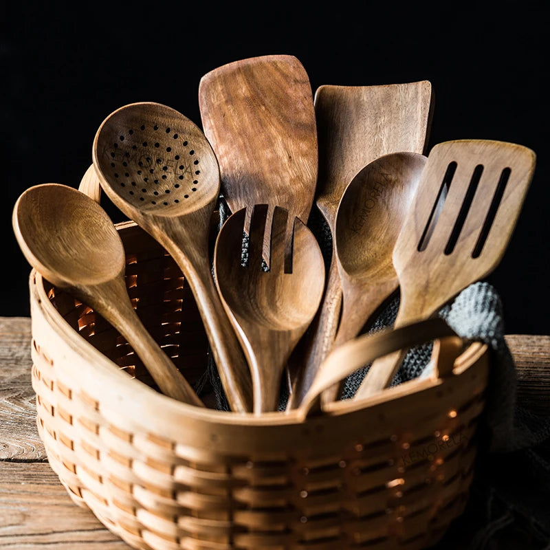 9-Piece Teak Wooden Cooking Utensil Set with Holder