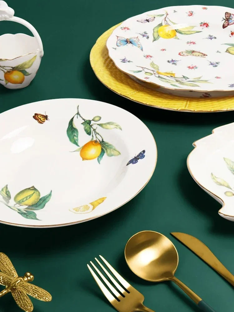 Elegant European Lemon Ceramic Dining Set | Dinner Plates & Coffee Cups