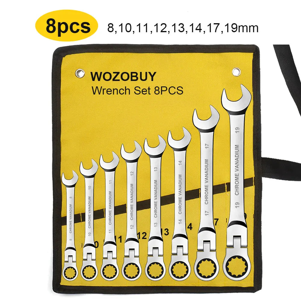 Ratcheting Flex Head Spanner Set | 6-23mm Metric Wrench Kit