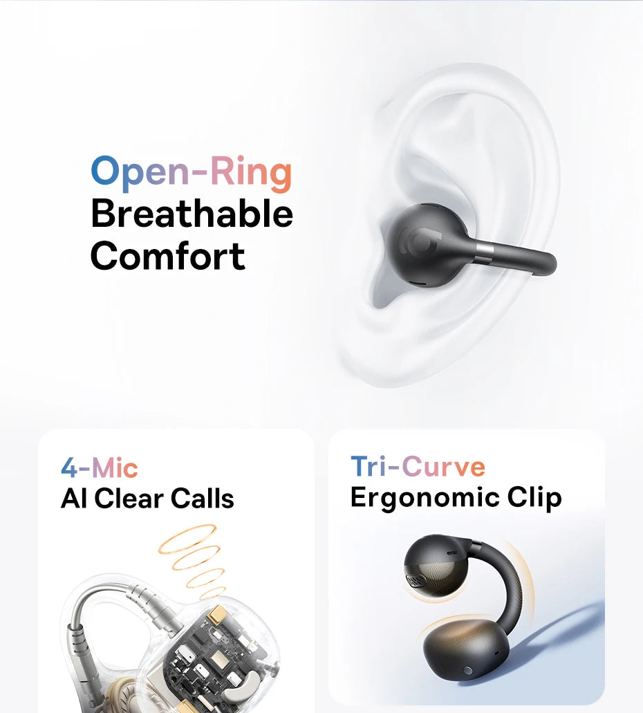 Baseus BC1 Open Ear Clip Earbuds - Wireless Bluetooth 6.0 Sports Headphones with 4-Mics & Super Bass IP55