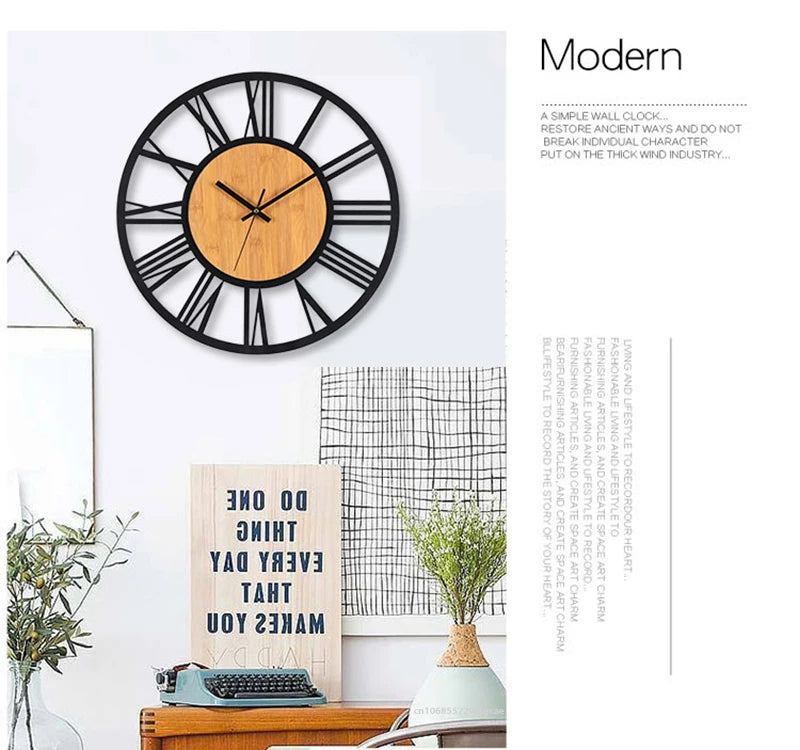 Nordic Retro 3D Large Wall Clock - Silent Roman Numerals Wood Metal Iron Decor