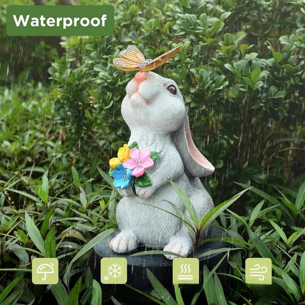Solar Bunny Garden Statue with LED Butterfly Light - Outdoor Resin Decor