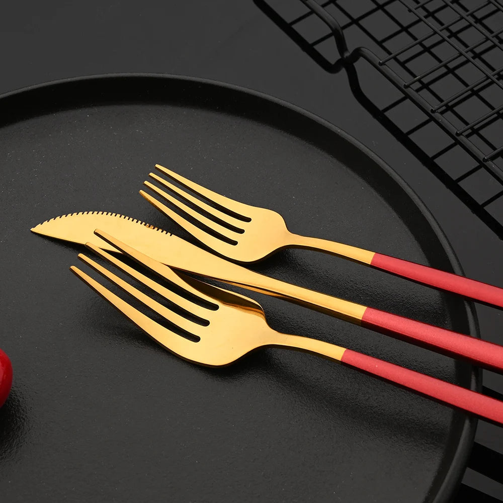 30-Piece Black Gold Stainless Steel Dinnerware Set | Kitchen Cutlery