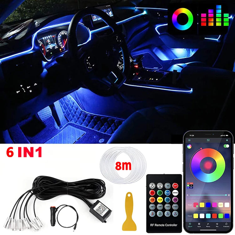 LED Car Interior Ambient Lighting Kit - RGB App Control Fiber Optic Strips