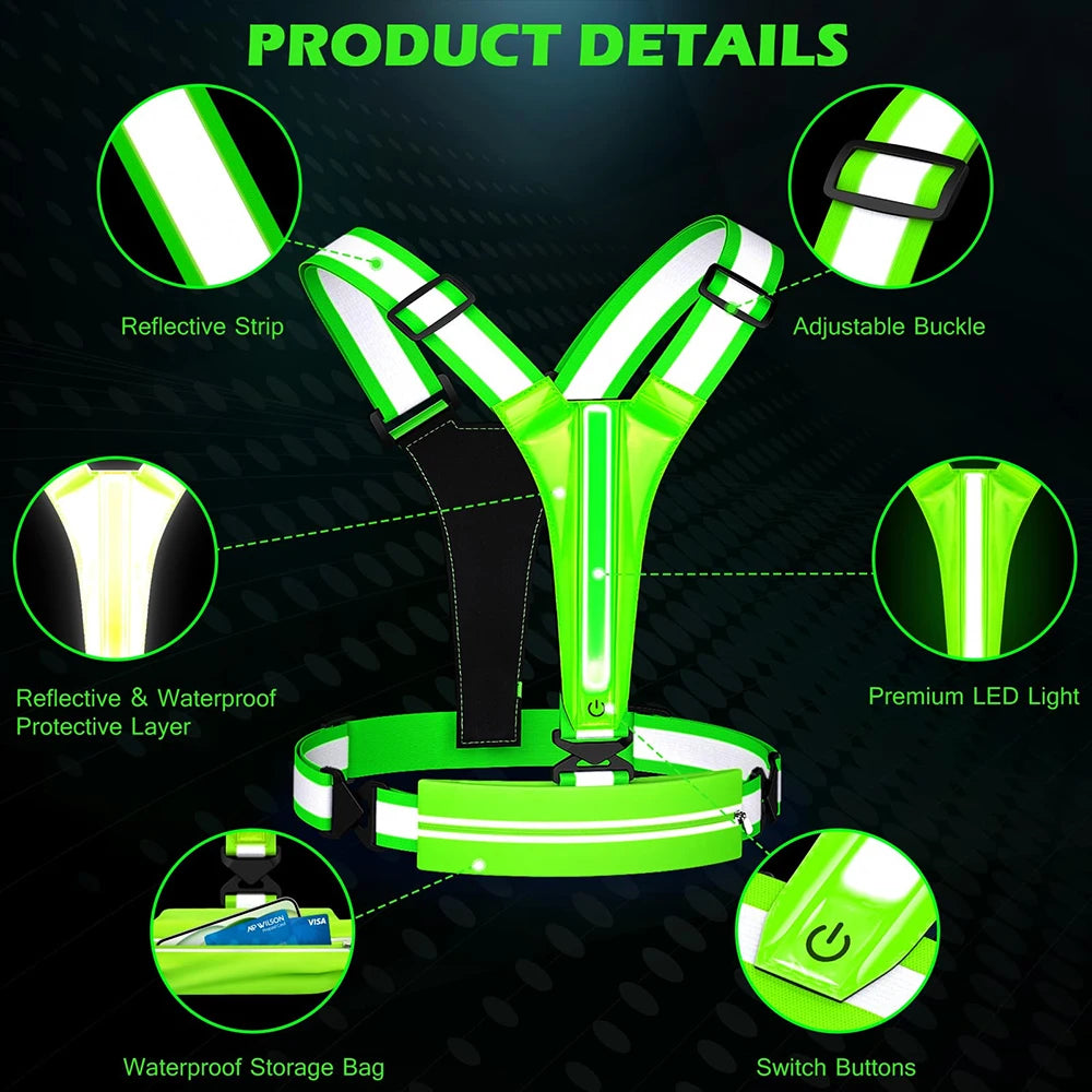 Vabena LED Reflective Running Vest - USB Rechargeable & Waterproof Phone Pouch