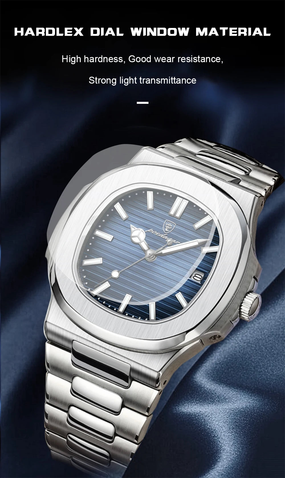 POEDAGAR Men's Square Luxury Quartz Watch - Waterproof, Luminous Date, Stainless Steel for Business & Sport