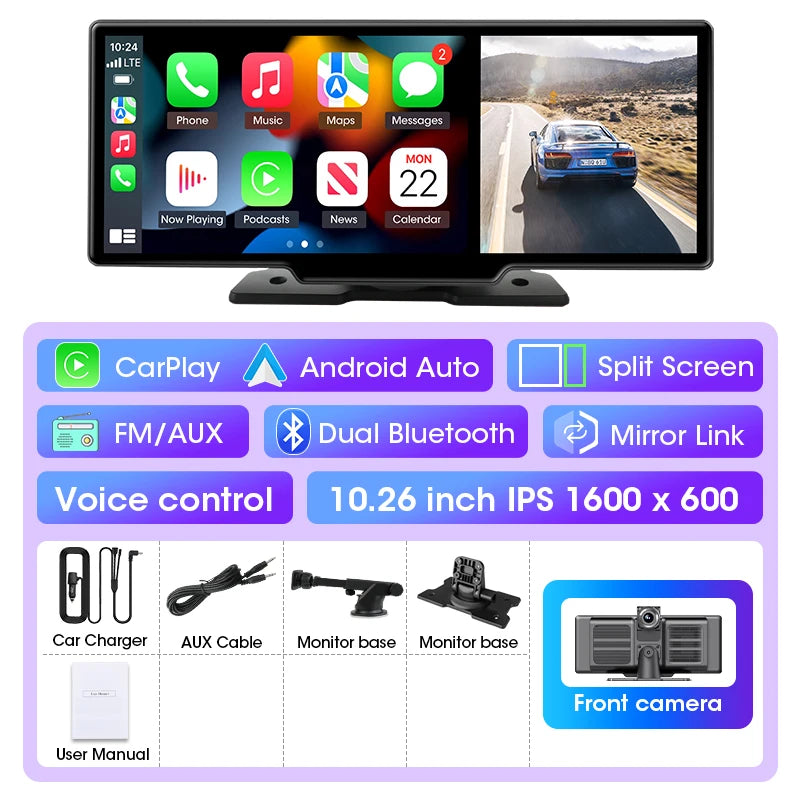 10/11.26" 4K Dash Cam with Wireless Carplay & Android Auto | GPS | Dual Lens