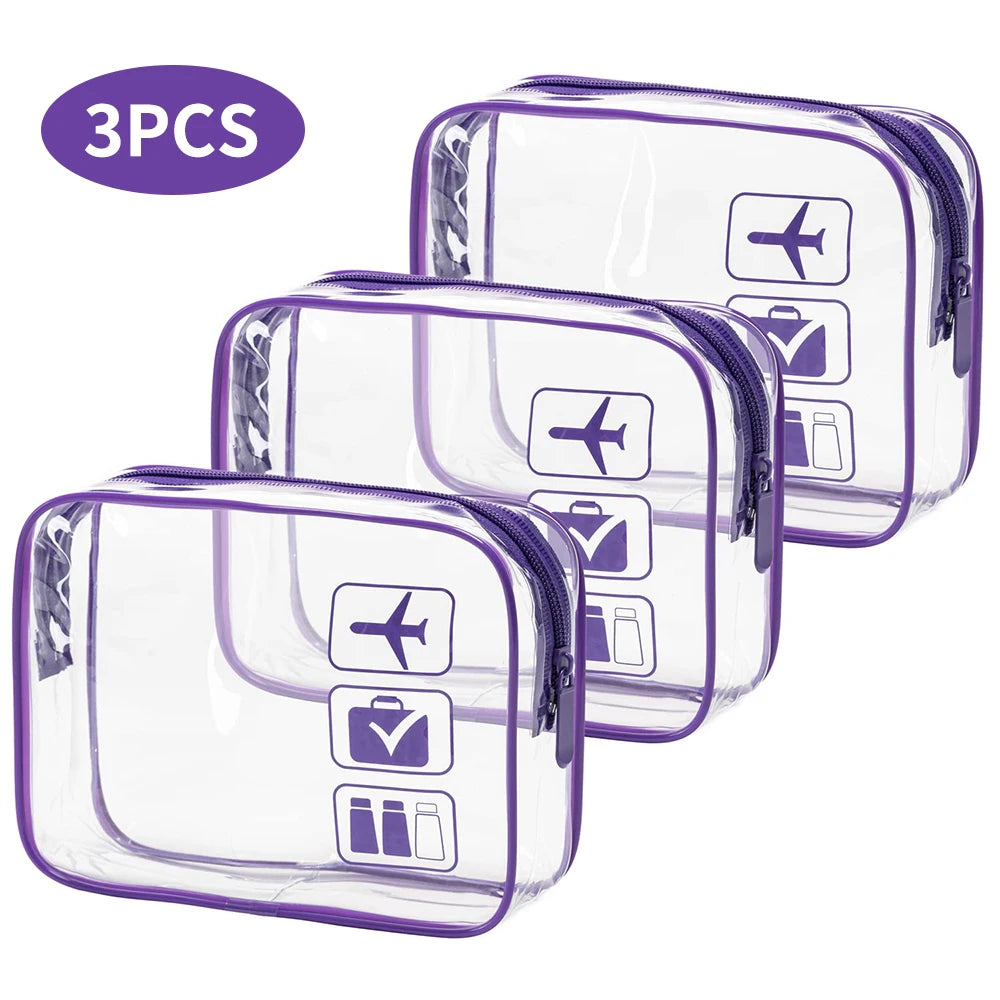 Vabena 3 Pcs Clear Travel Toiletry Bags - Airport Compliant Cosmetic Pouches