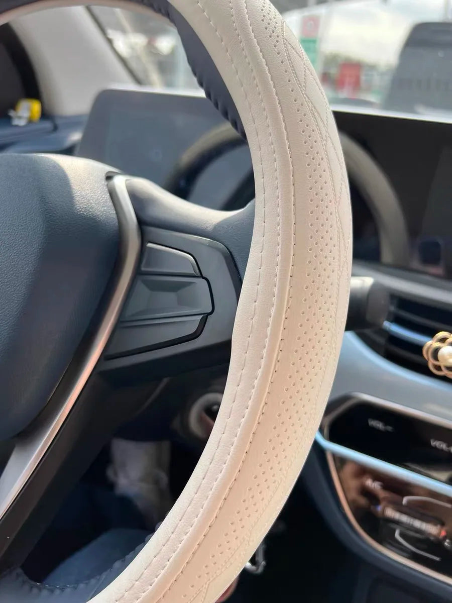 Vabena Napa Leather Perforated Patchwork Steering Wheel Cover Universal 15-inch