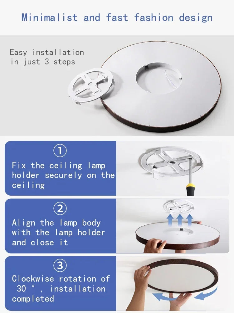 Modern Circular LED Ceiling Light - Ultrathin Wood Grain Walnut Decorative
