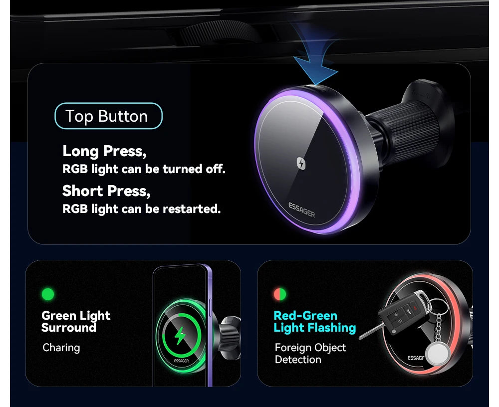 Essager 15W Magnetic Car Charger Mount - Fast Wireless Phone Holder