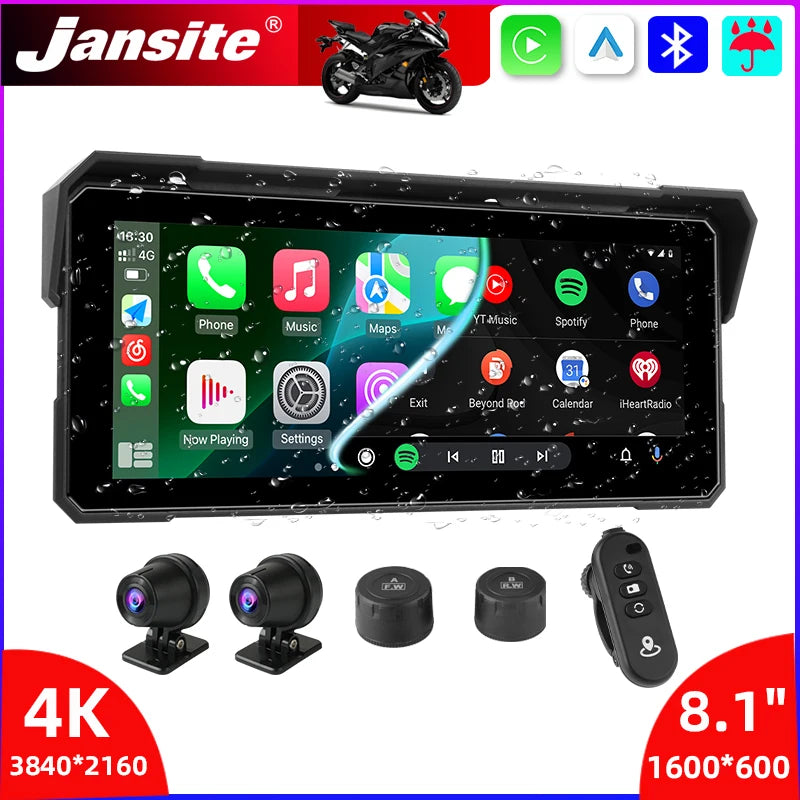 Jansite 8.1" 4K Motorcycle DVR Monitor with CarPlay & GPS