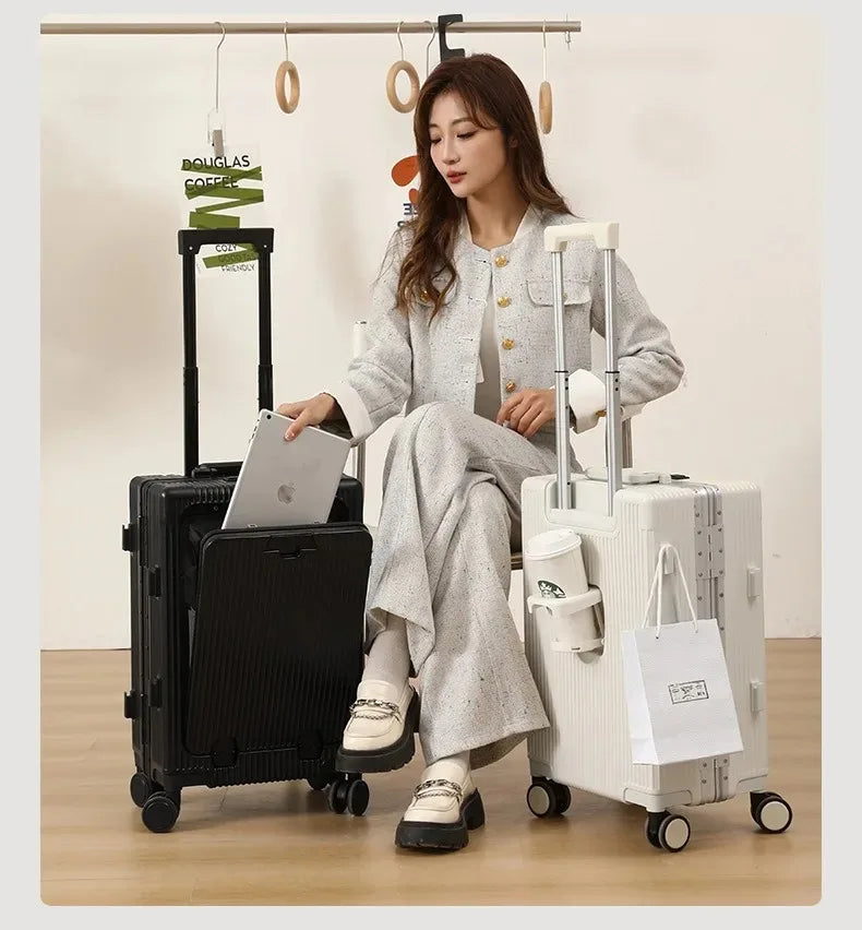 Vabena Front Opening USB Charging Aluminum Carry-on Suitcase