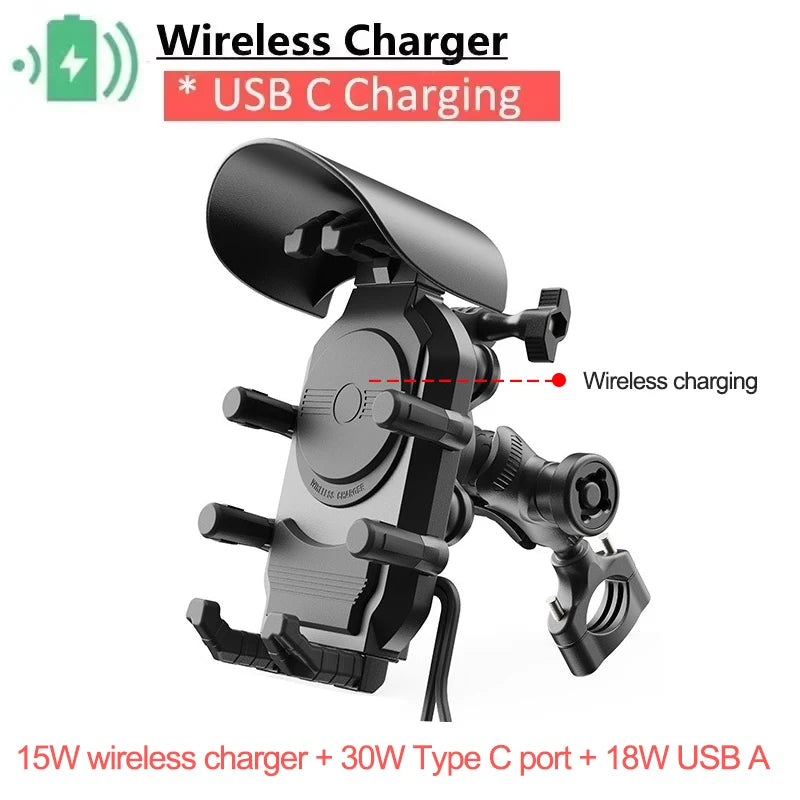 Motorcycle Phone Holder & Fast Charger - Wireless, USB, Type C | Shockproof Bike Mount