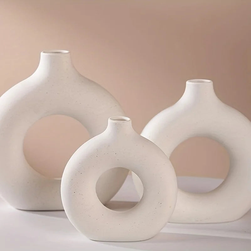 Modern Boho Ceramic Donut Vase - White & Beige Decor