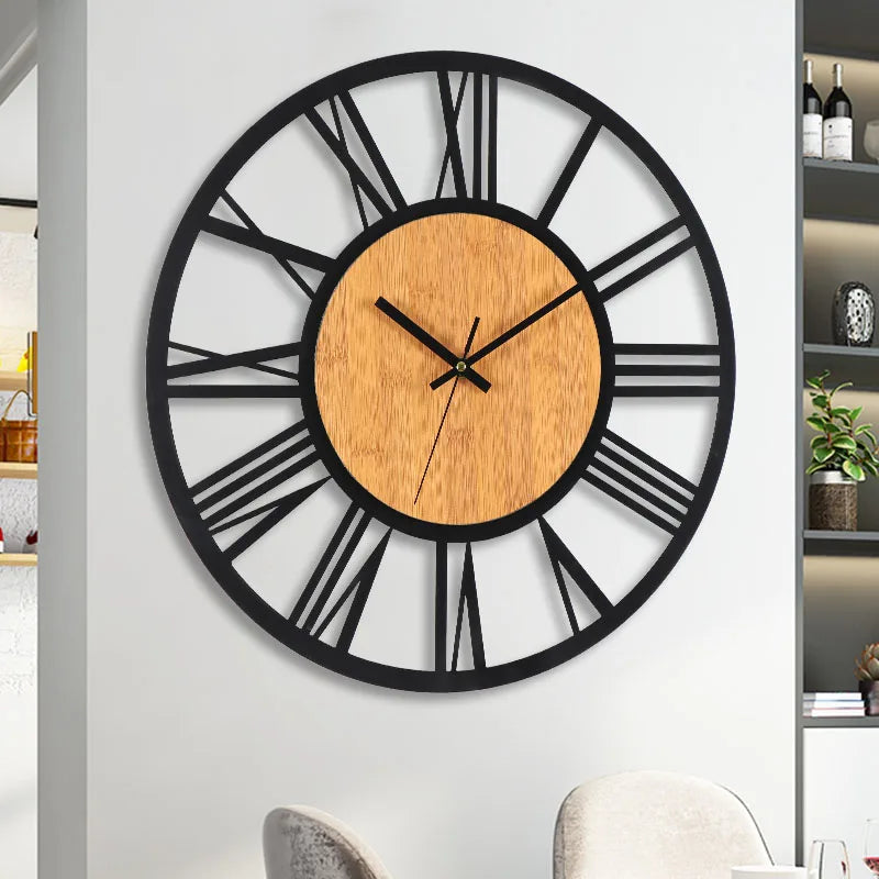 Nordic Retro 3D Large Wall Clock - Silent Roman Numerals Wood Metal Iron Decor