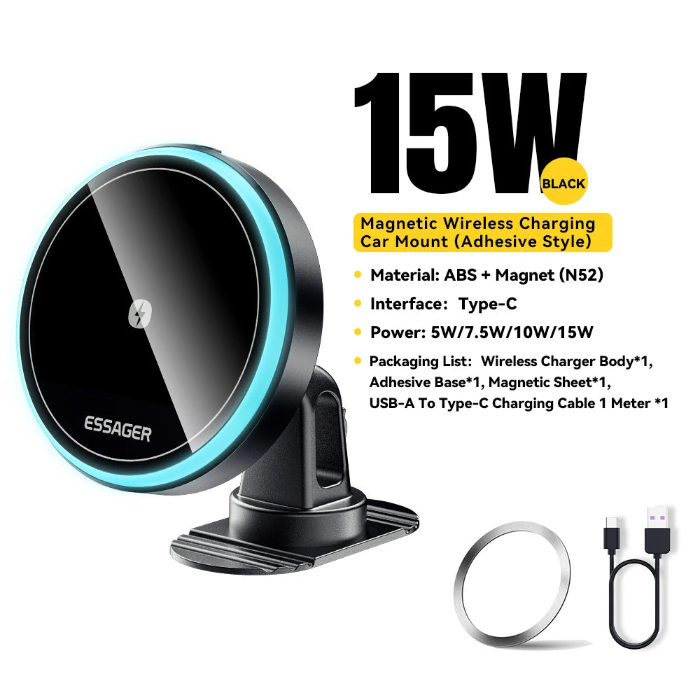 Essager 15W Magnetic Car Charger Mount - Fast Wireless Phone Holder