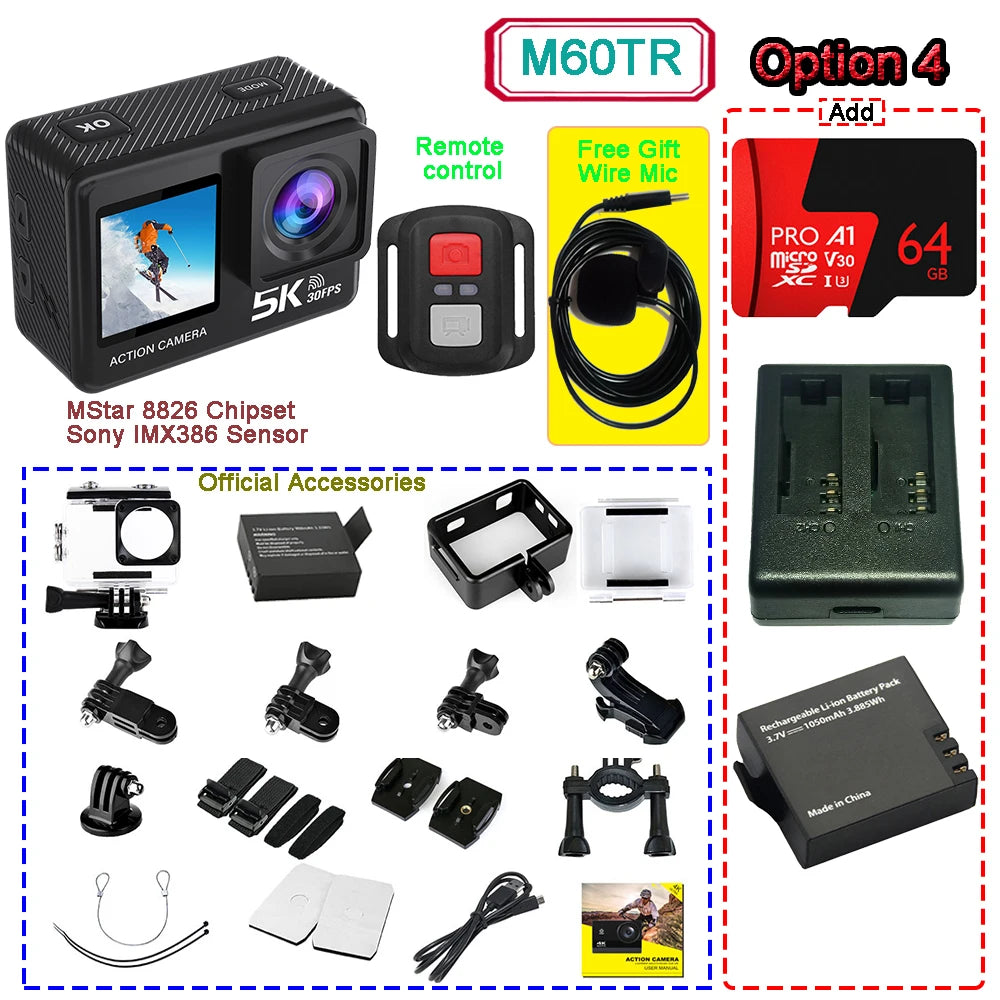 Sony IMX576 5K 4K 60FPS Waterproof 48MP Wi-Fi Action Camera for Adventure