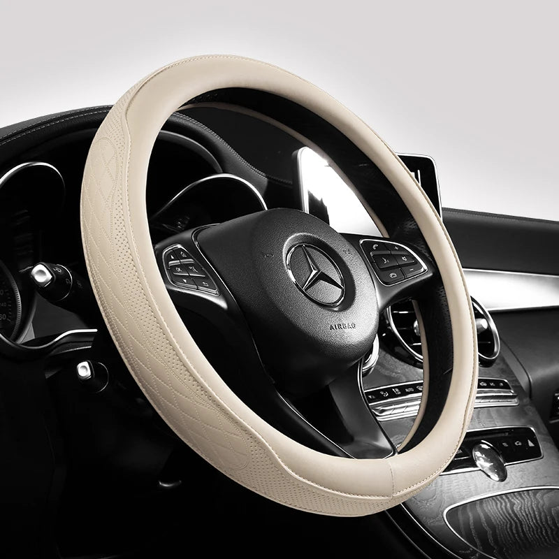 Vabena Napa Leather Perforated Patchwork Steering Wheel Cover Universal 15-inch