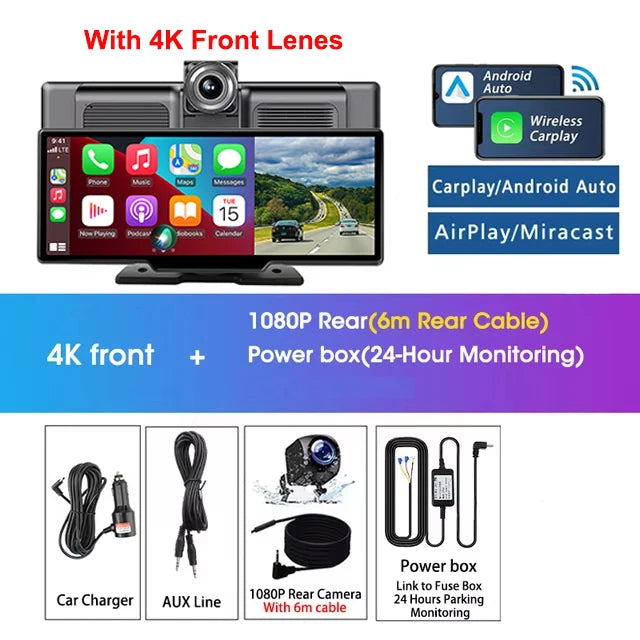 Srnubi 10.26" 4K Dash Cam with CarPlay, Android Auto & GPS