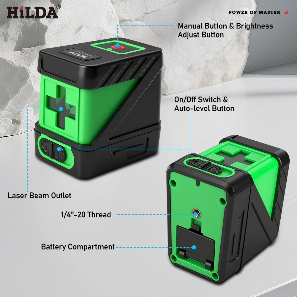 HILDA 2 Lines Green Laser Level - Self-Levelling Cross Line Mini Tool