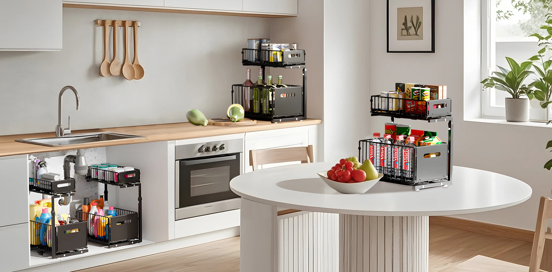 2-Tier Pull-Out Cabinet Organizer - Adjustable Under Sink Storage & Spice Rack