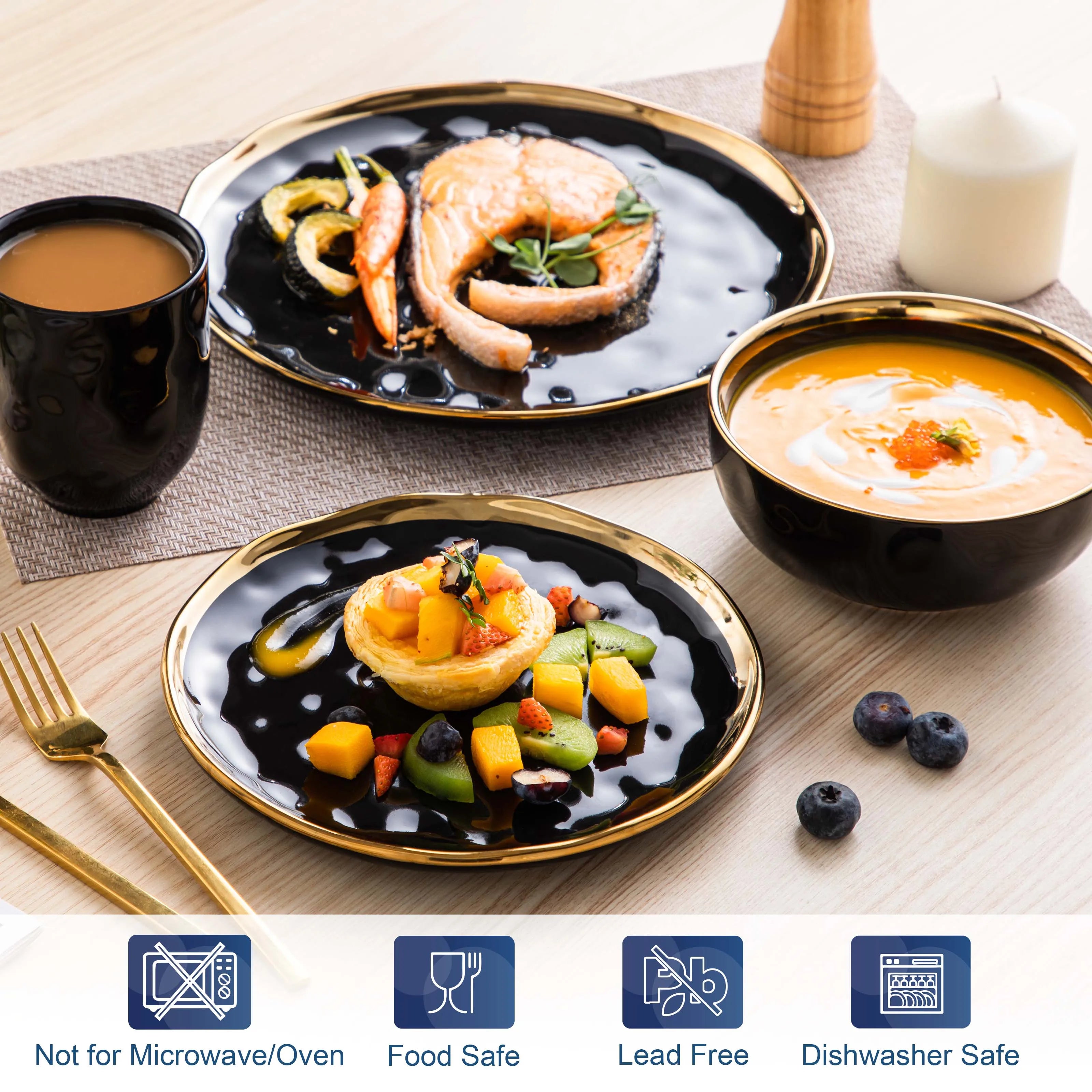 LOVECASA 16/32-Piece Black Porcelain & Gold Dinnerware Set