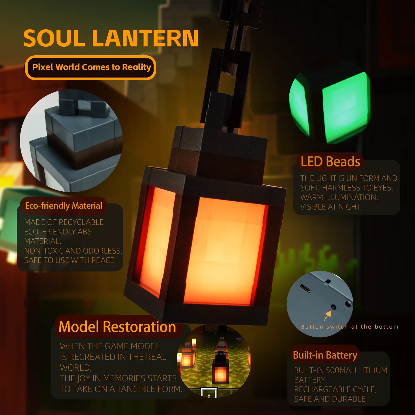 Pixel Style Portable Lantern Tabletop Night Light - 16 Colors for DIY Decor