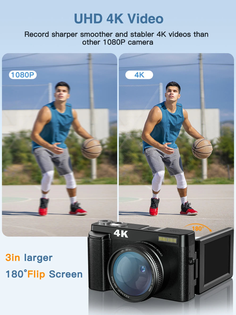 Vabena 4K 48MP Vlogging Camera | Flip Screen & Flash for YouTube & TikTok
