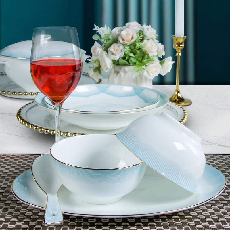 Vabena 80pcs Nordic Gold Rim Luxury Bone China Dinnerware Set