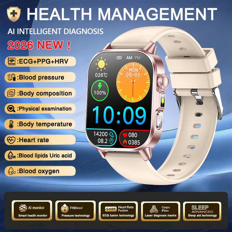 Vabena Men's ECG Smartwatch: Accurate Health Diagnosis with Blood Pressure, Oxygen, Fat, Uric Acid & Temp Monitoring