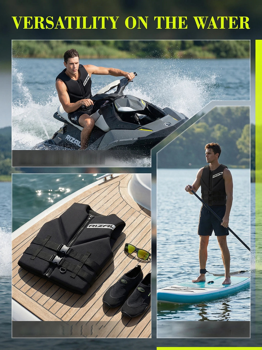 Adult Life Vest for Water Sports, Kayak, Wakeboard & Rescue - High Visibility Safety Jacket