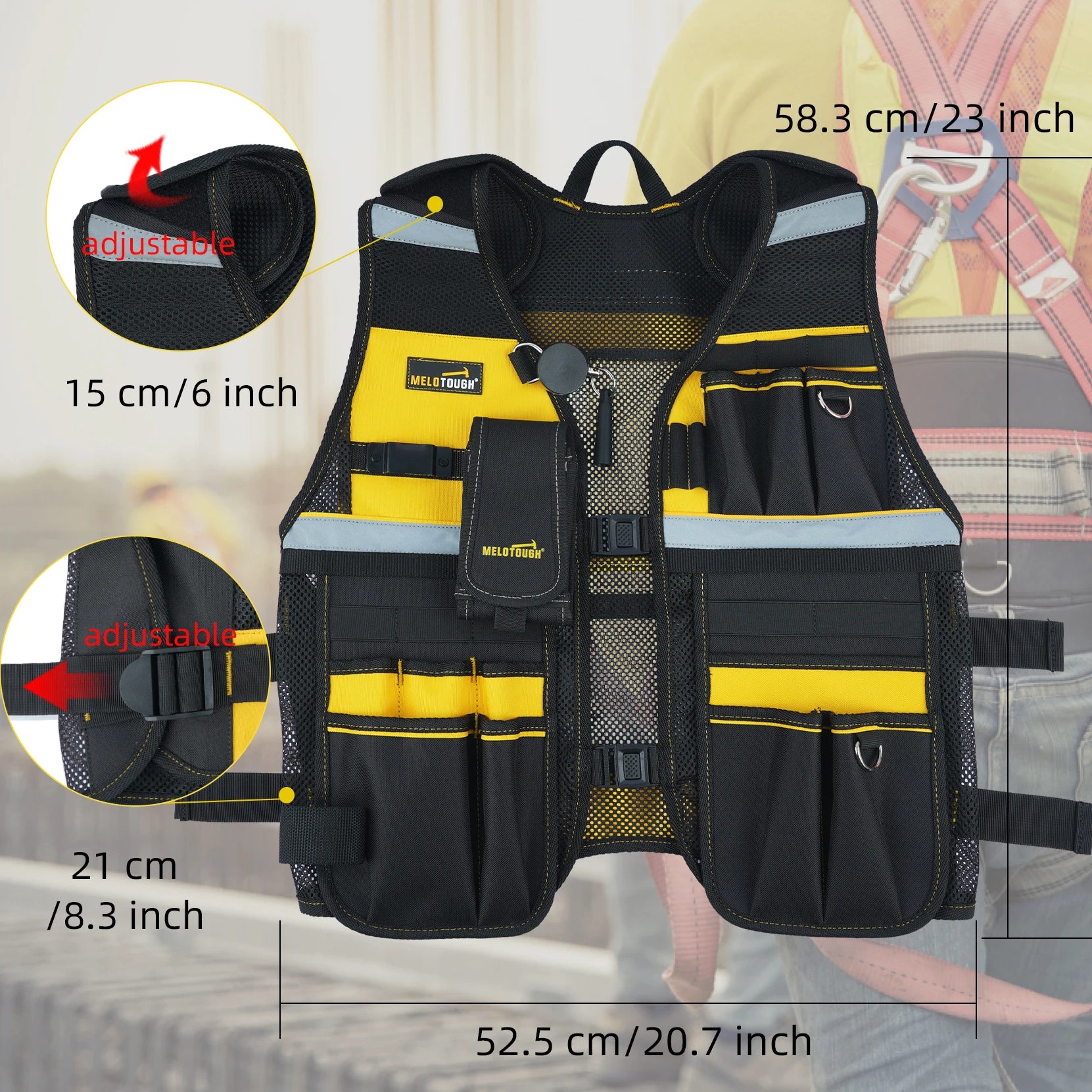 MELOTOUGH Reflective Safety Tool Vest with Removable Phone Holder - High Visibility Workwear