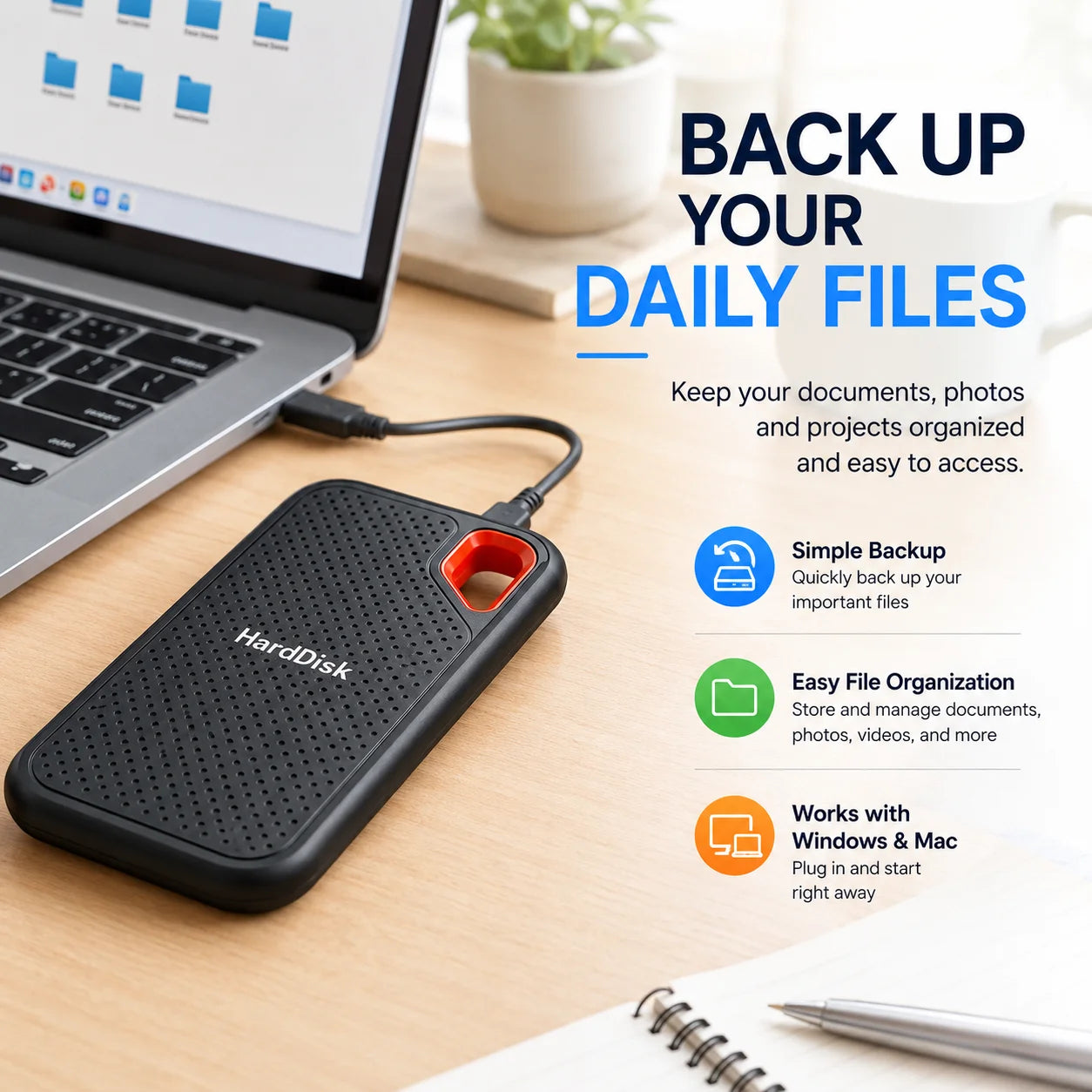 Vabena 1TB Portable SSD / 2TB External Hard Drive USB-C for Laptop/Mac