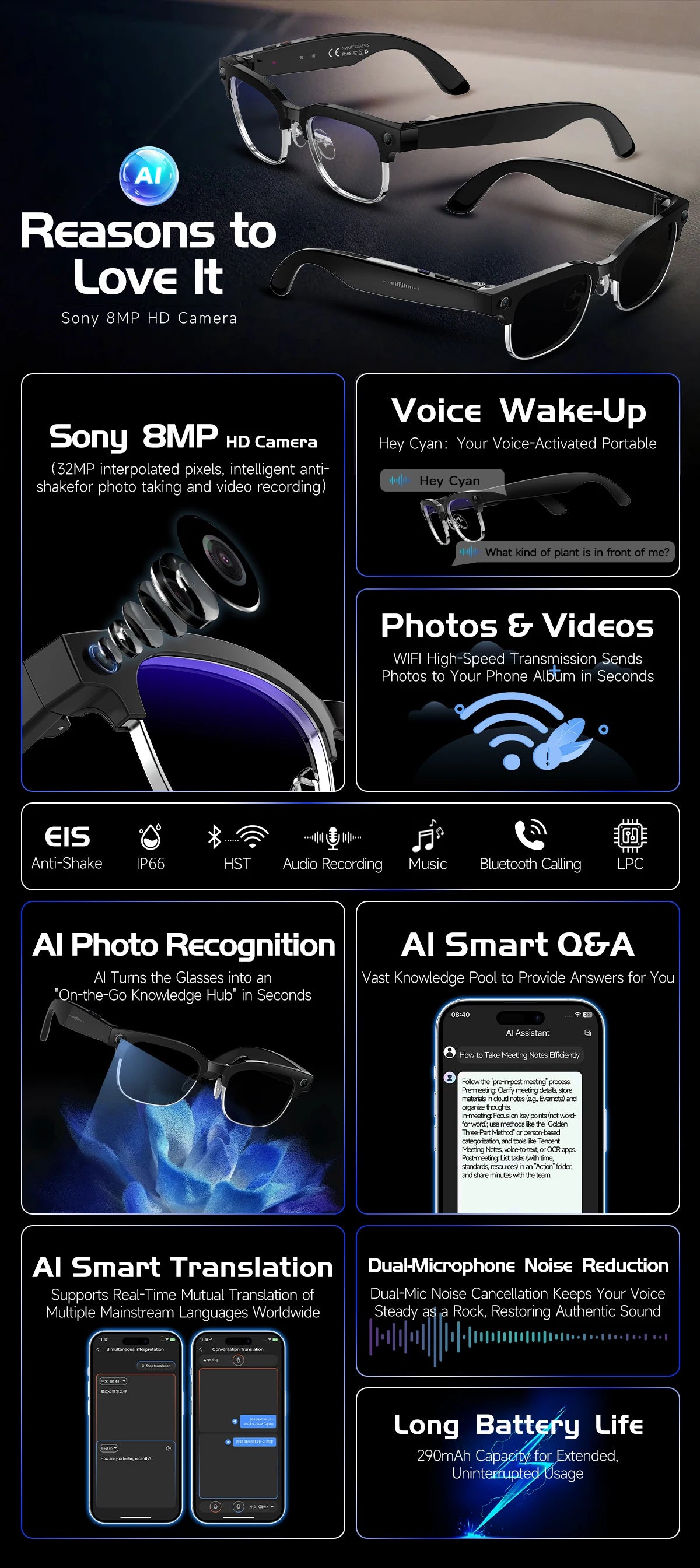 Vabena 2026 Smart Camera Glasses for Men - 800W, AI, Video & Translation