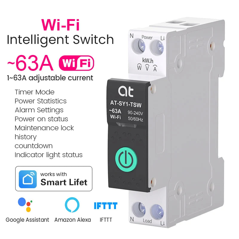 Tuya WiFi Smart Circuit Breaker 1P+N 63A - Remote Control, Energy Monitoring & Voice Assistant