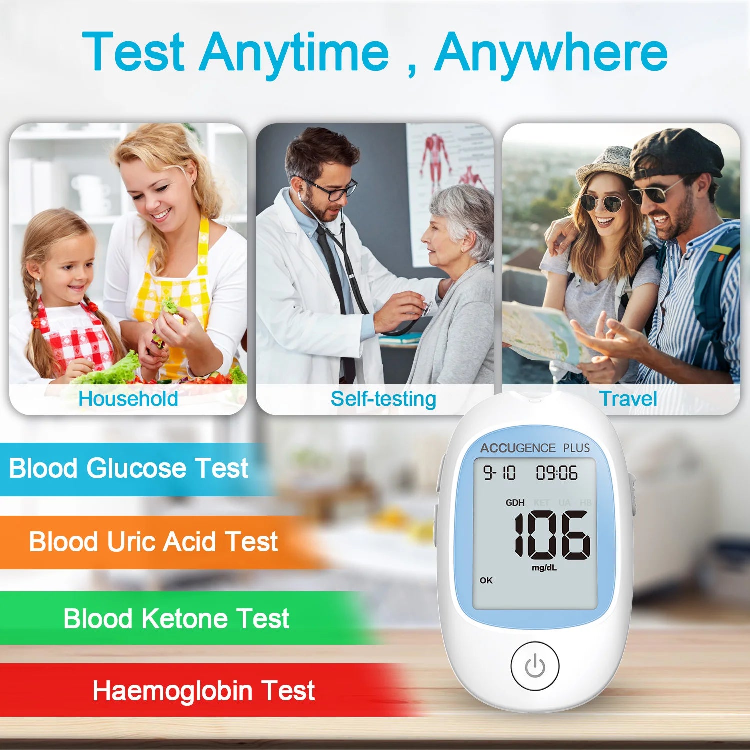 4-in-1 Multifunction Monitor: Hemoglobin, Ketone, Glucose, Uric Acid Test Kit