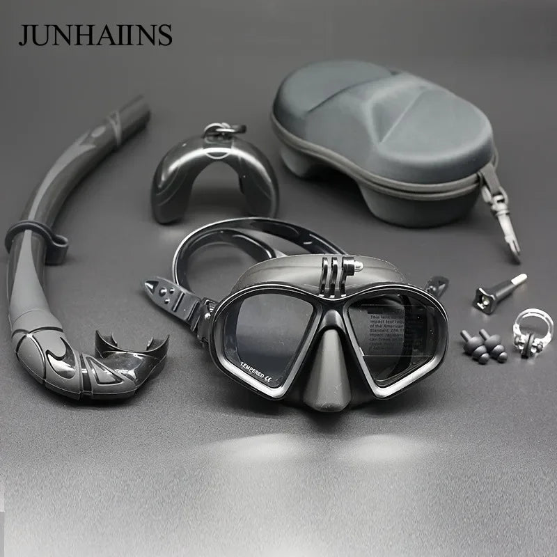 Low Volume Freedive Mask & Snorkel Set with Camera Mount - Tempered Glass Black