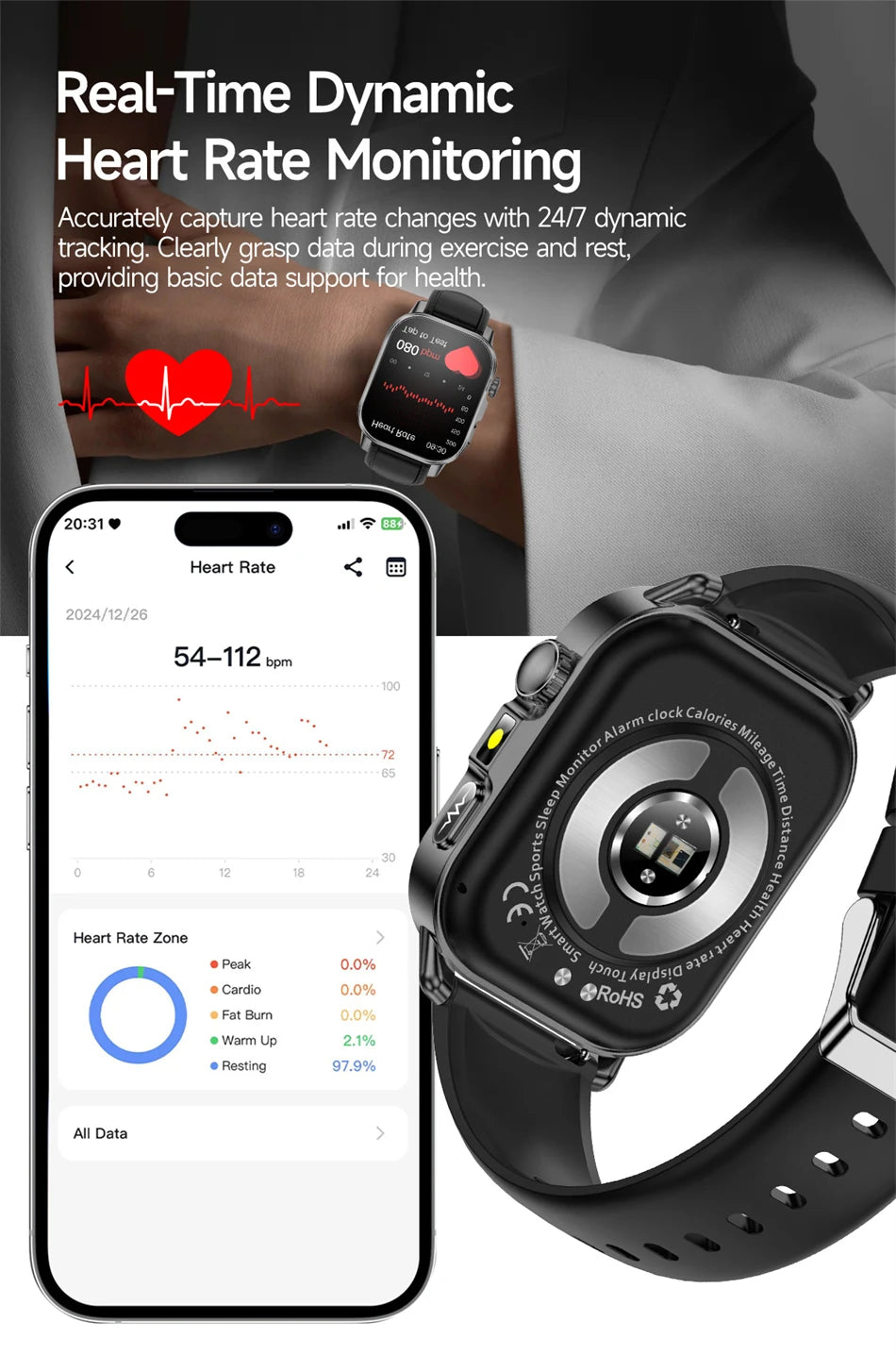Vabena Men's ECG Smartwatch: Accurate Health Diagnosis with Blood Pressure, Oxygen, Fat, Uric Acid & Temp Monitoring