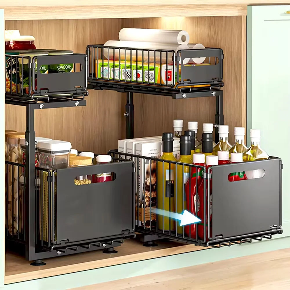 2-Tier Pull-Out Cabinet Organizer - Adjustable Under Sink Storage & Spice Rack