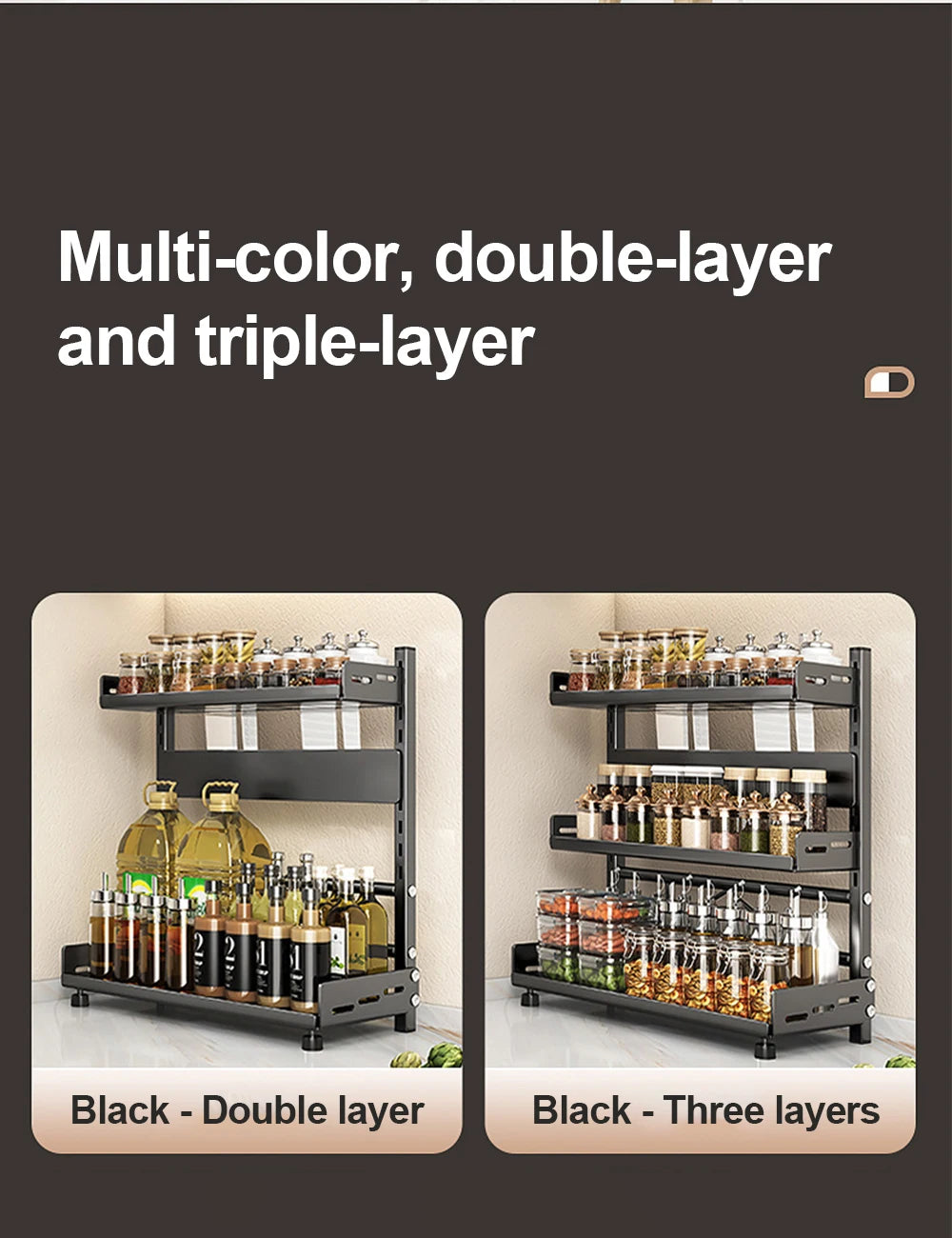 3 Tier Adjustable Spice Rack - Countertop & Cabinet Kitchen Organizer
