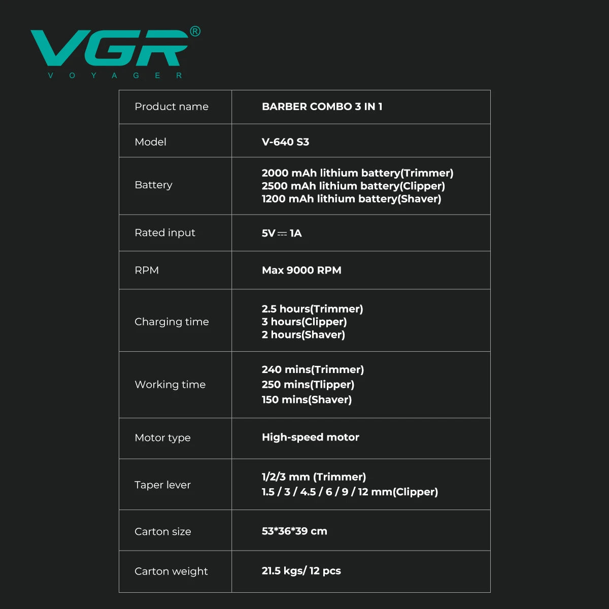 VGR Professional Cordless Hair Trimmer - Electric Clippers