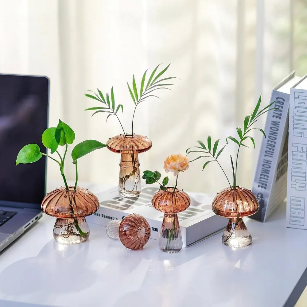 5Pcs Colourful Mushroom Glass Vases | Hydroponic Flower Pots Home Decor