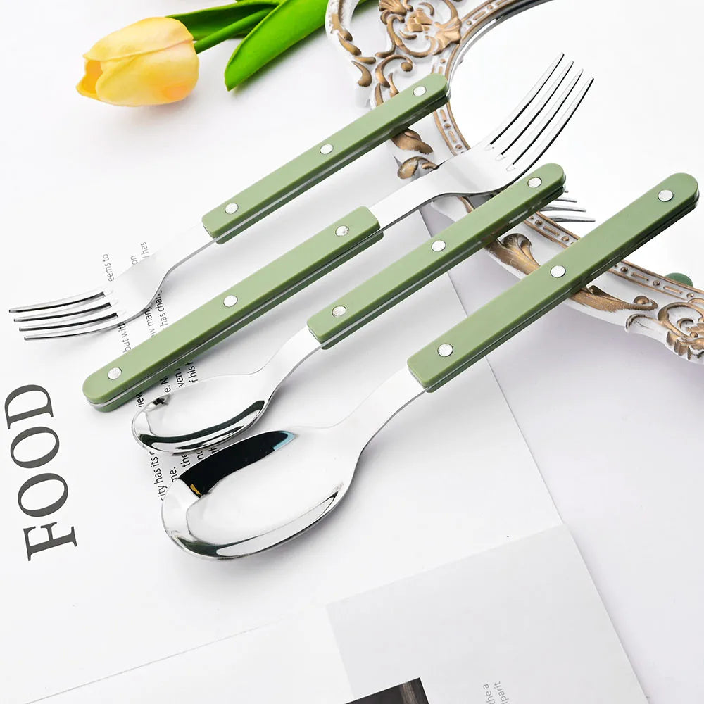 Elegant Beige Silver Acrylic Handle Cutlery Set - 4/16 Pc Stainless Steel Dinnerware