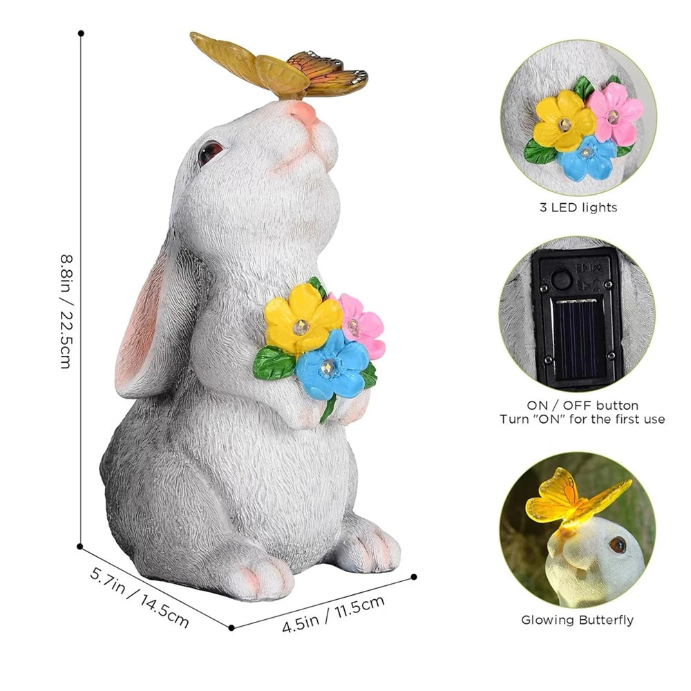 Solar Bunny Garden Statue with LED Butterfly Light - Outdoor Resin Decor