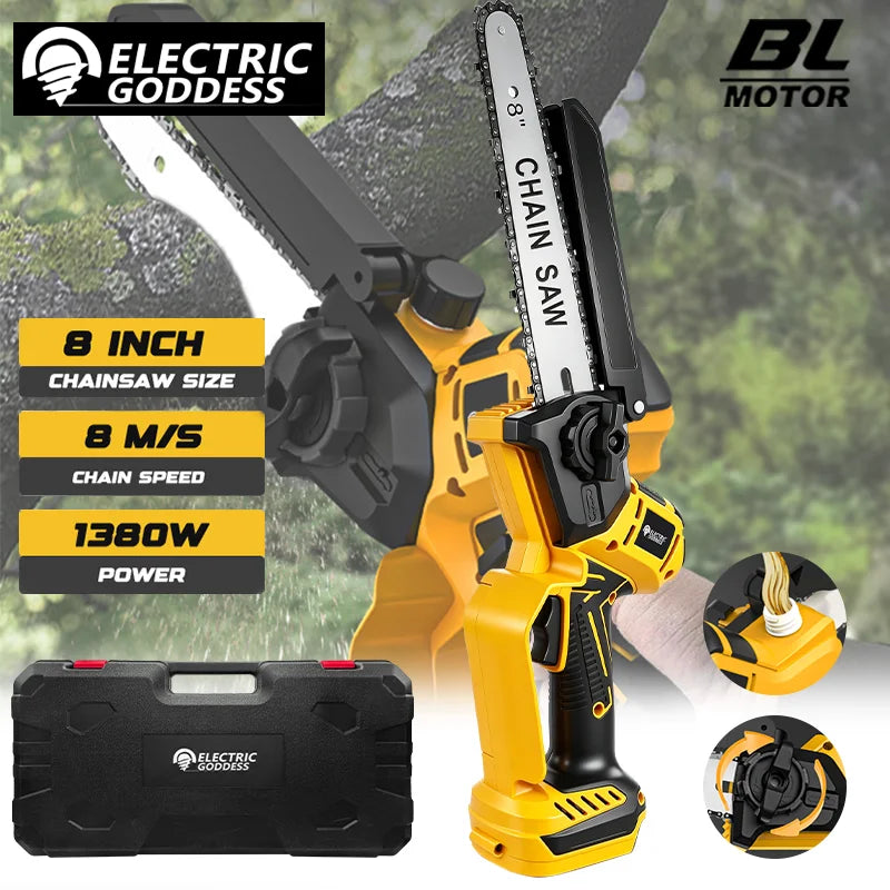 8-Inch 1380W Brushless Electric Chainsaw - Professional Pruning Saw for Dewalt 20V